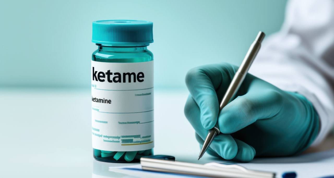 Frasco de cetamina sobre a mesa, enquanto uma mão enluvada escreve em um papel.