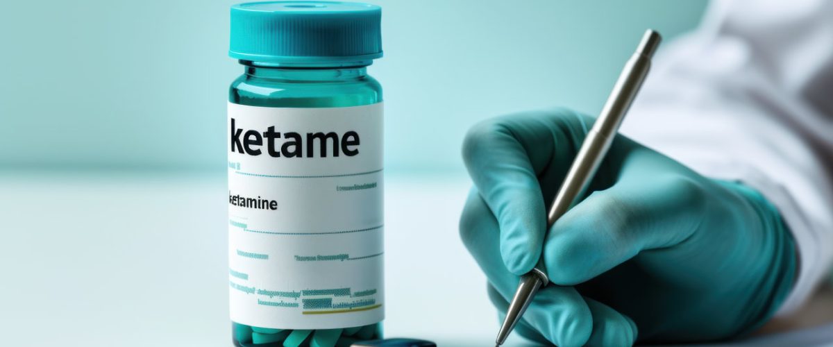 Frasco de cetamina sobre a mesa, enquanto uma mão enluvada escreve em um papel.